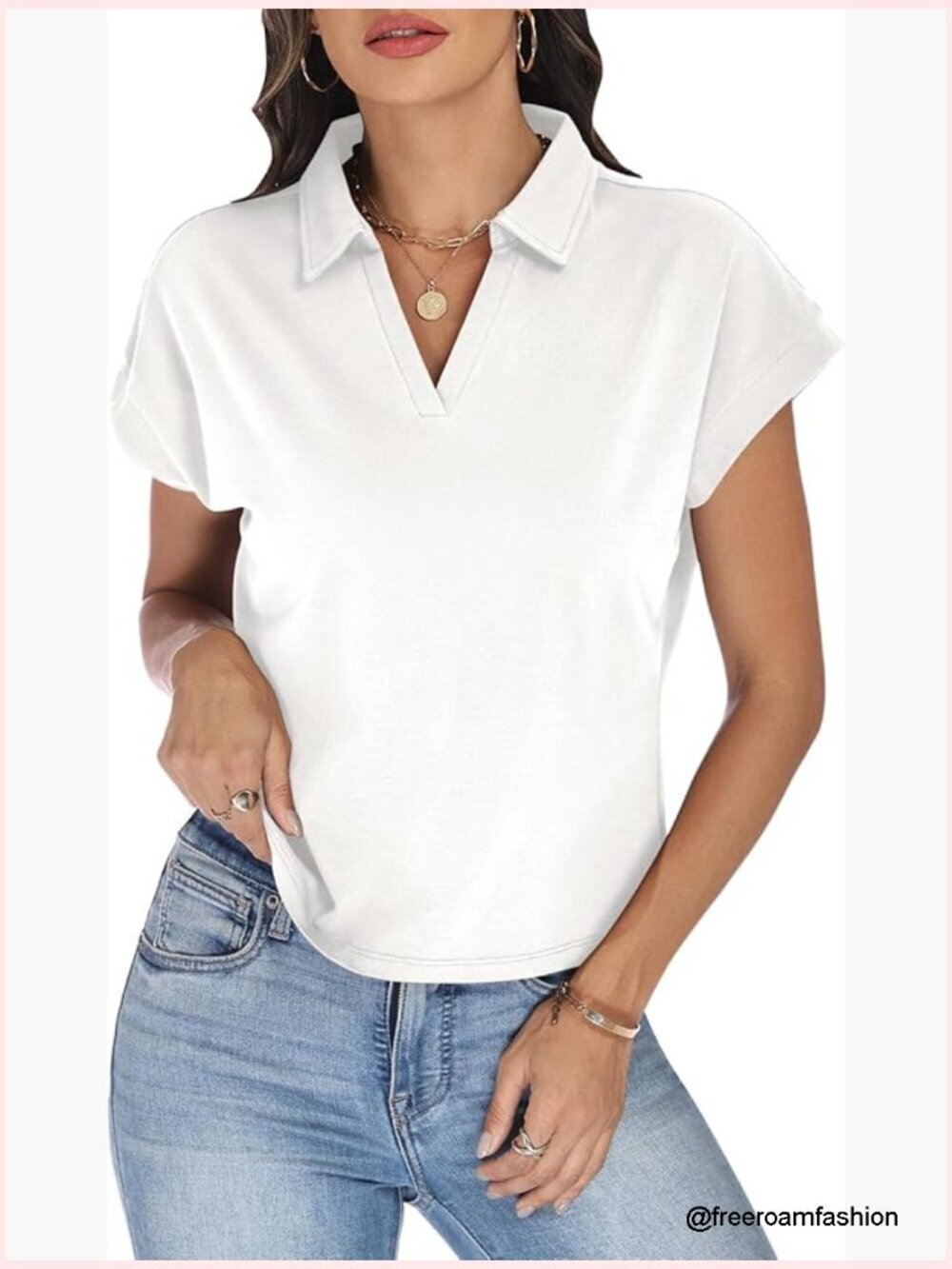 Cap Sleeve Crop Top Collared V Neck T Shirt Boxy Short Sleeve Polo Summer Basic